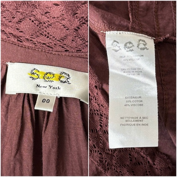 SEA NY Burgundy Cotton Lace Trim Puff Long Sleeve High Neck Oversized Top XS‎ - Picture 6 of 6